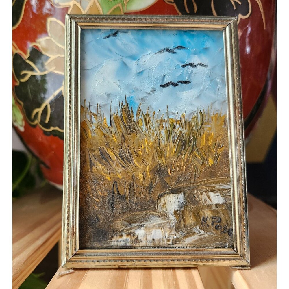 Vintage Landscape Painting on Glass, Ornate Brass Frame 5.5x4"